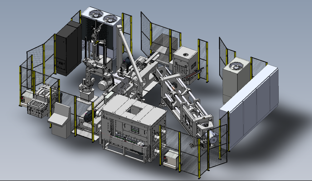 3D-Modell einer automatisierten Produktionsanlage für Rotorwellen mit Schutzvorrichtungen.